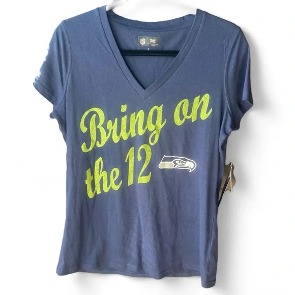 NWT Seahawks V-Neck “Bring on the 12s” T-shirt in blue & green size large - Picture 1 of 6